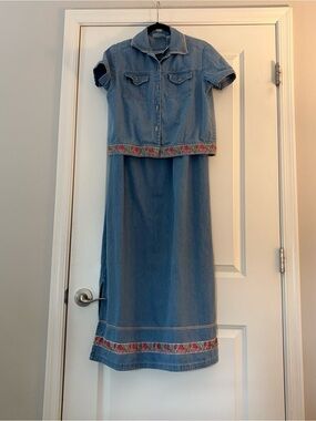 Vintage Blue Denim Cotton Dress and Shirt Sleeve Button Down Shirt Set